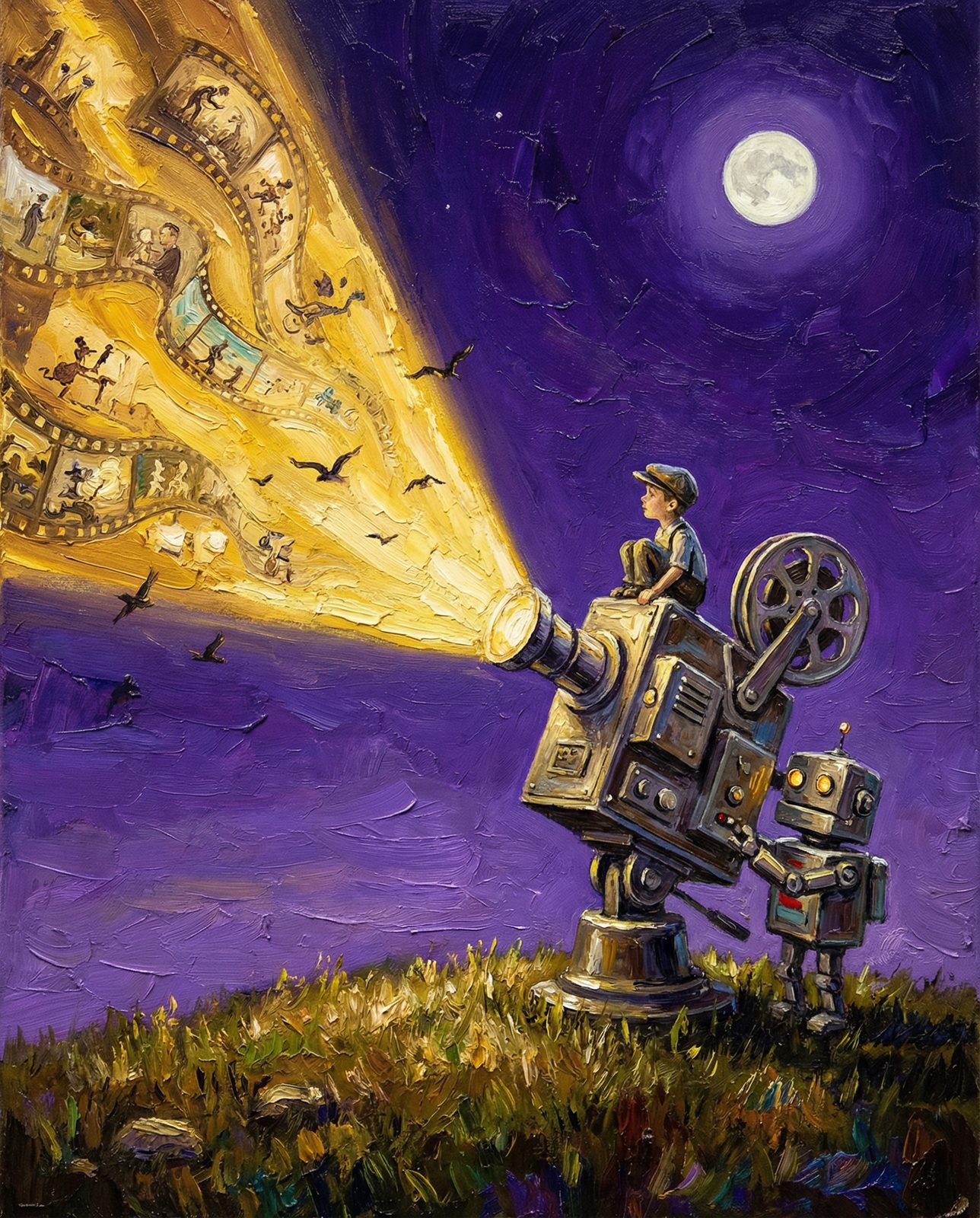 Boy sitting on a giant projector beaming stories into the night sky